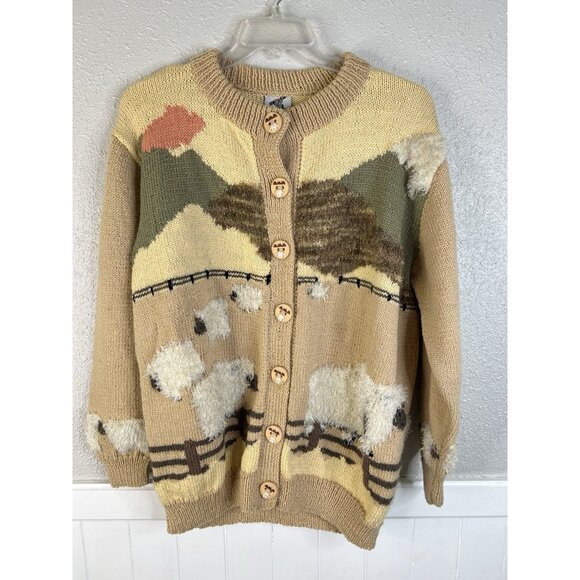 VTG Bonz Handmade Wool Knit Cardigan Sweater 3D Sheep Farm Country Long 2X Indie - Picture 1 of 11